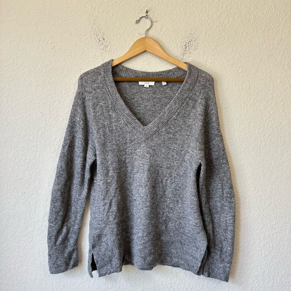 VINCE Side Slit V-Neck Tunic Sweater in Grey Wool Alpaca Blend